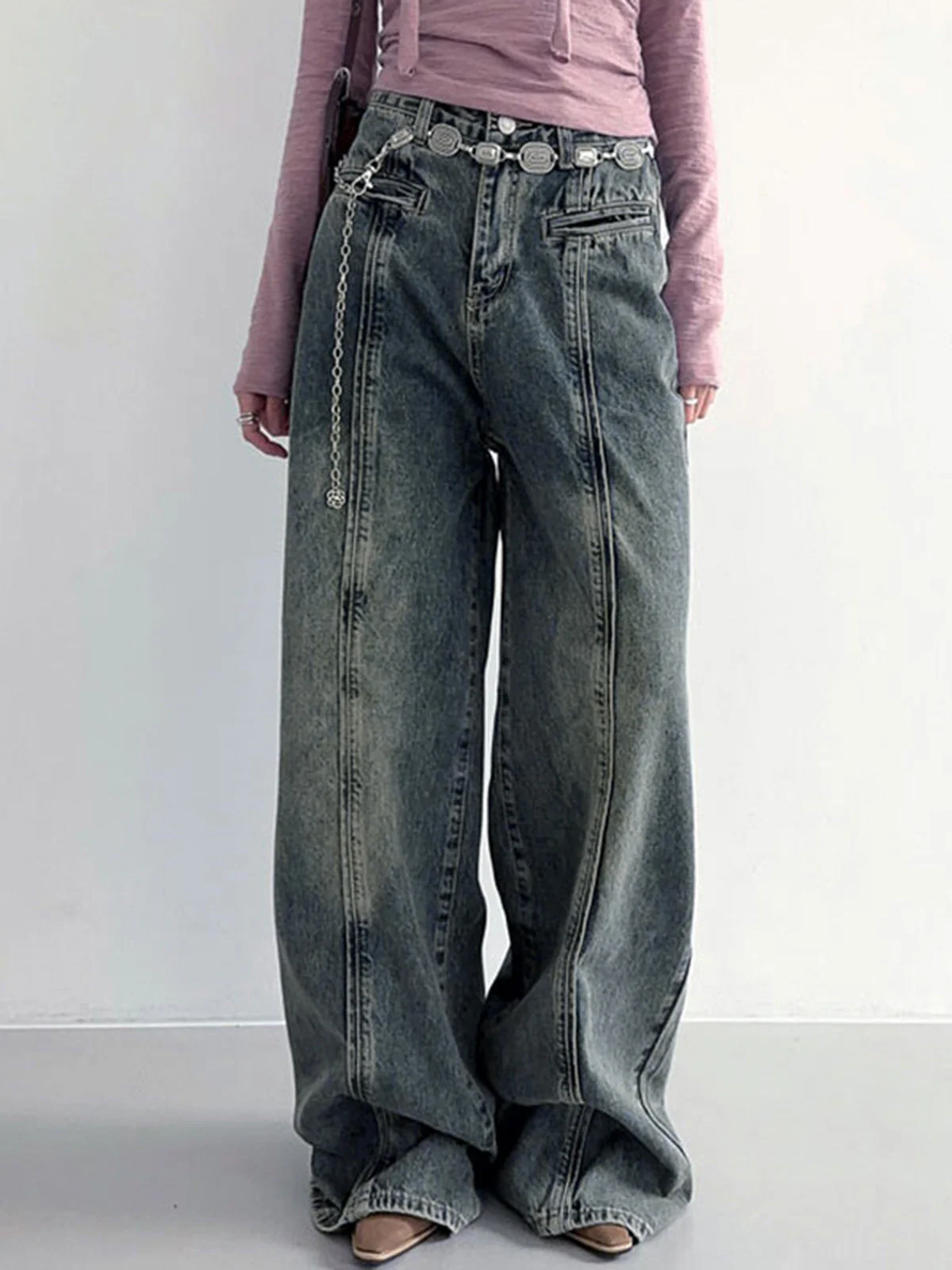 Center Stripe Wide Trendy Leg Jeans Without Belt - Image 10