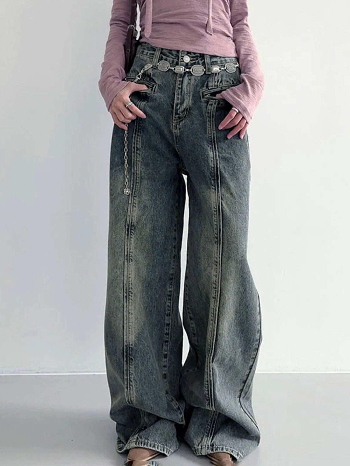 Center Stripe Wide Trendy Leg Jeans Without Belt - Image 2