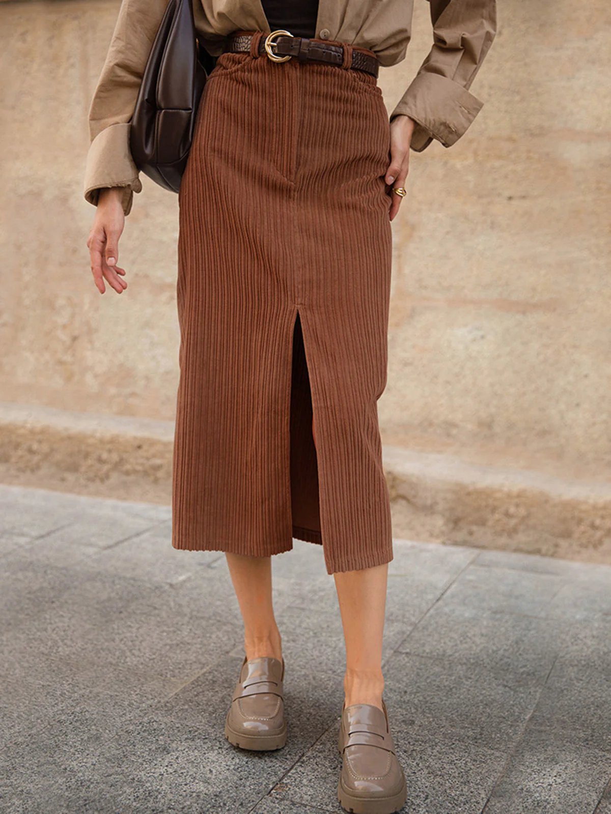 Caramel Corduroy Graceful Slit Midi Skirt - Image 2