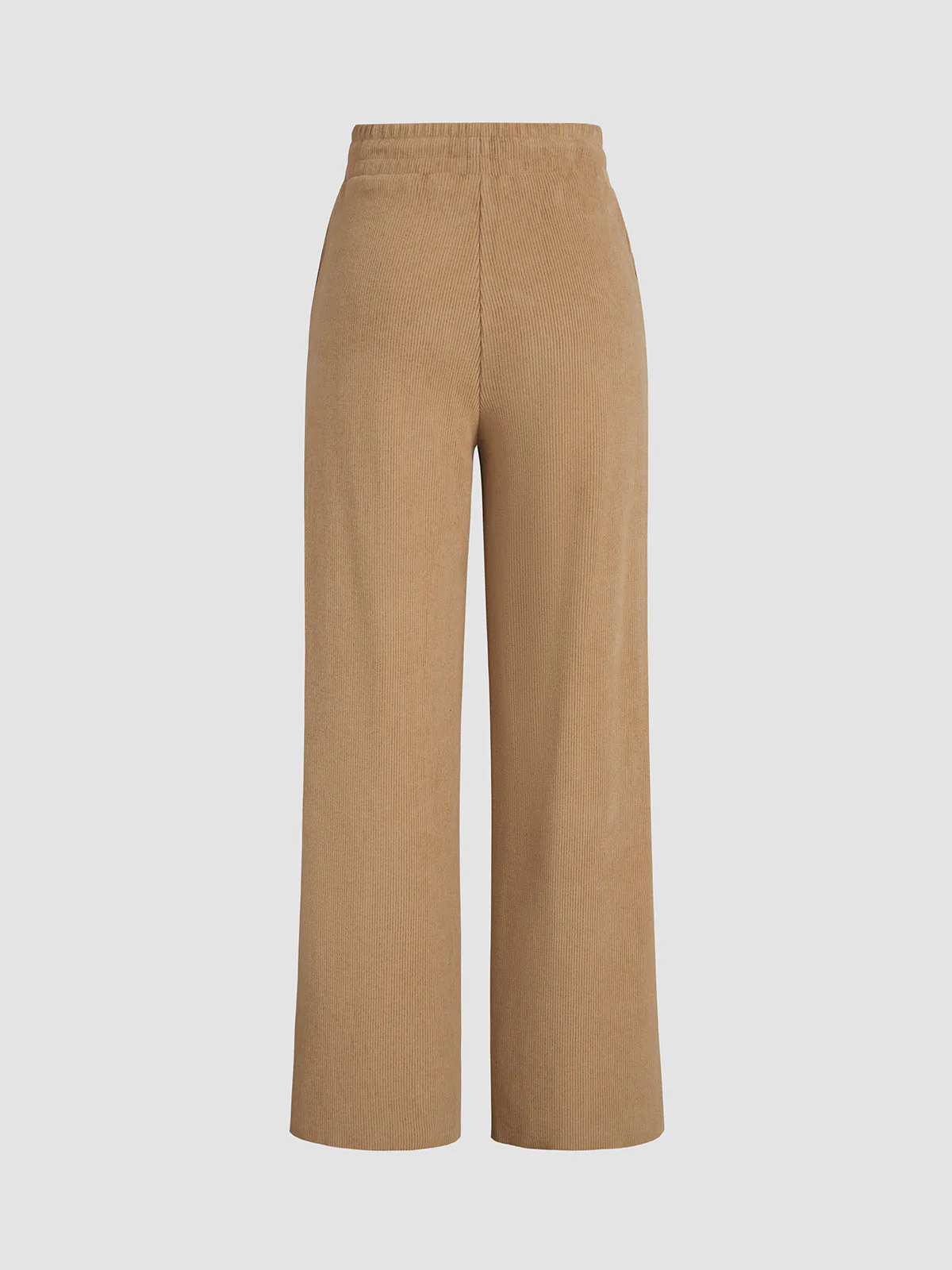 Camel Drawstring Ribbed Trendy Wide Leg Pants - Image 2