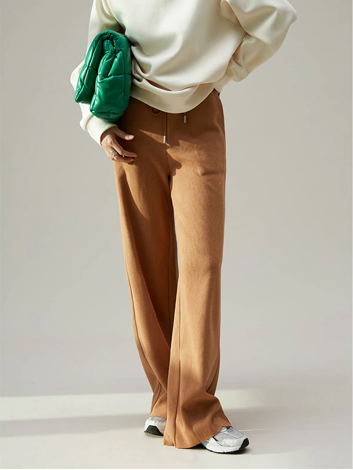 Camel Drawstring Ribbed Trendy Wide Leg Pants - Image 7