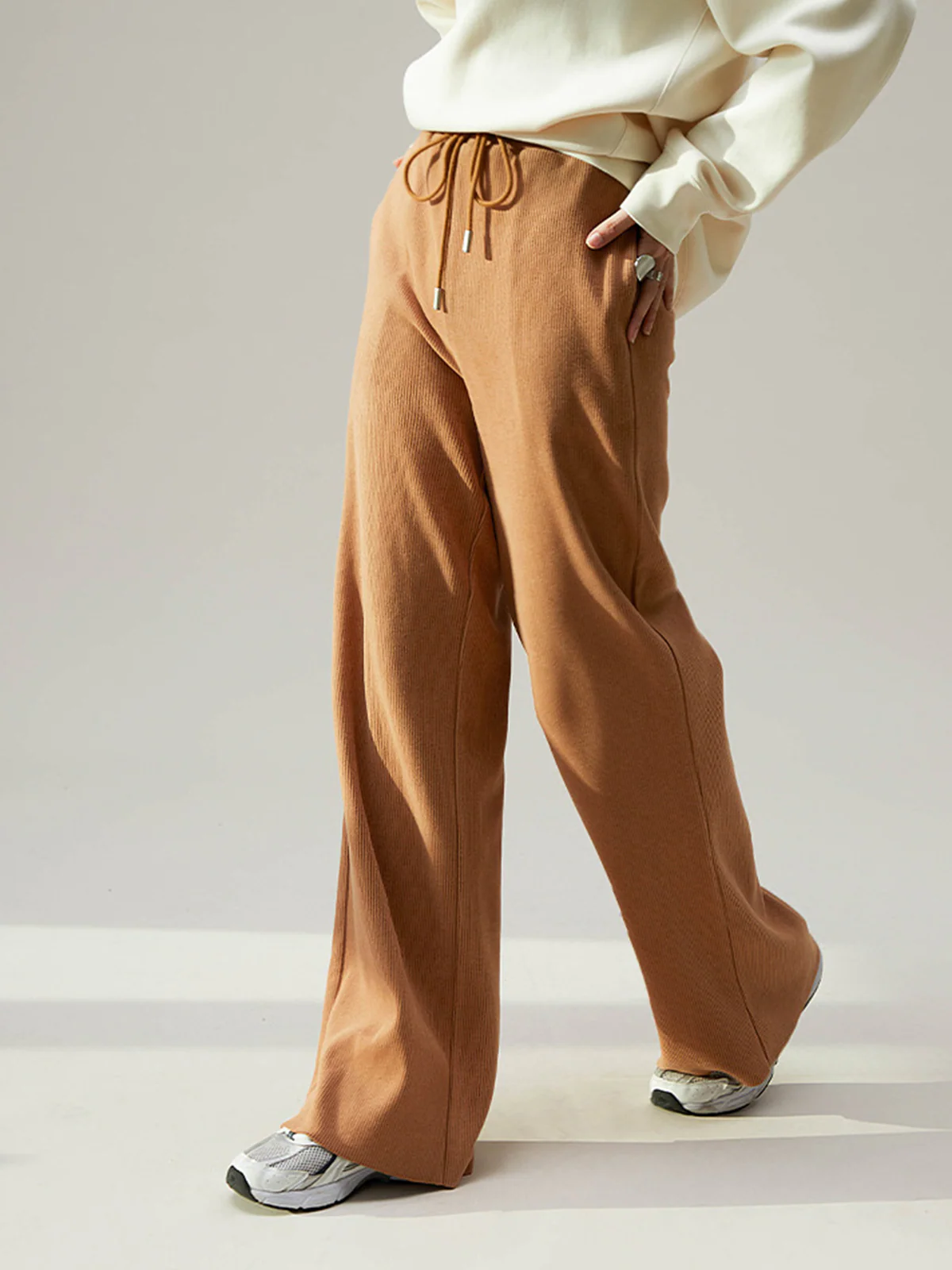 Camel Drawstring Ribbed Trendy Wide Leg Pants - Image 8