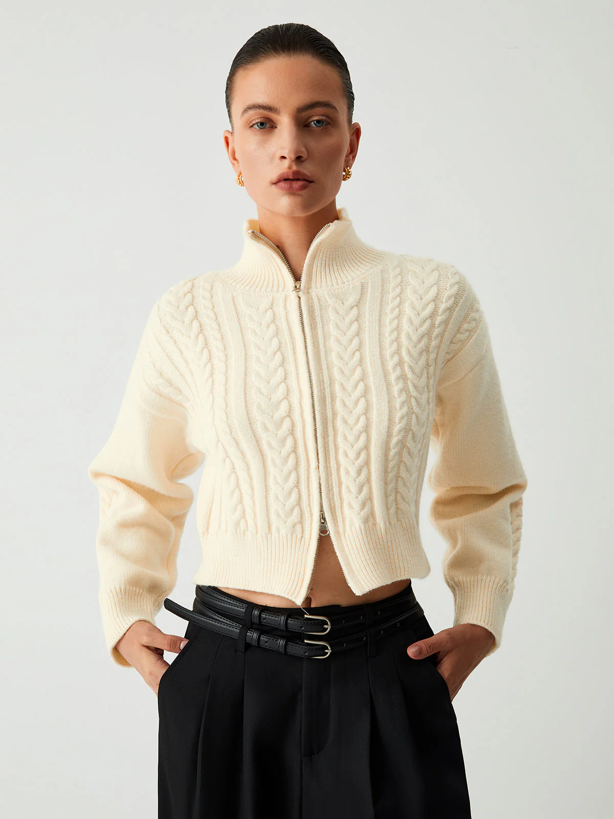 Cable Knit Two Trendy Way Zip Crop Cardigan - Image 10