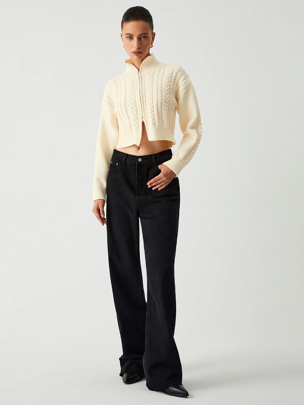 Cable Knit Two Trendy Way Zip Crop Cardigan - Image 12