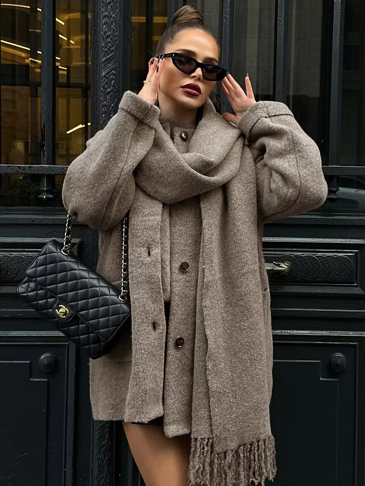 Button Down Pocket Coat Modern with Matching Tassel Scarf - Image 2