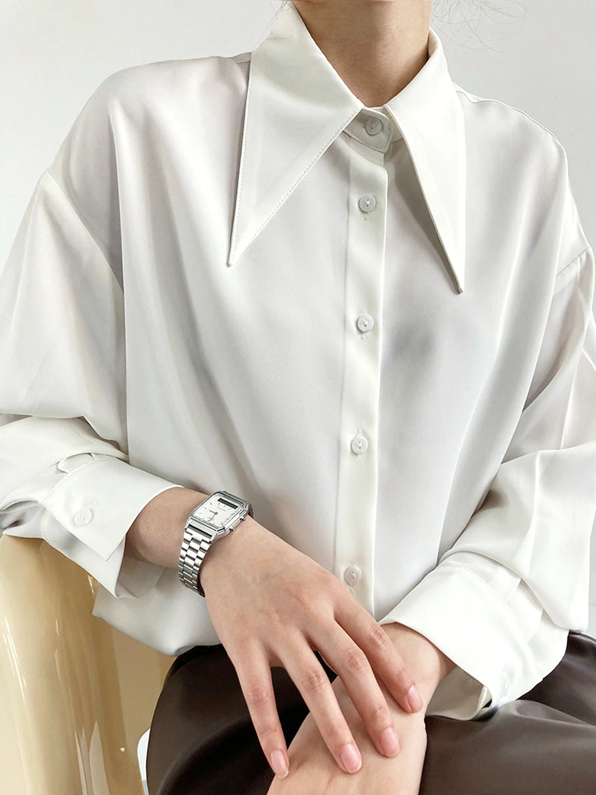 Button Down Long Trendy Sleeve Collar Shirt - Image 4