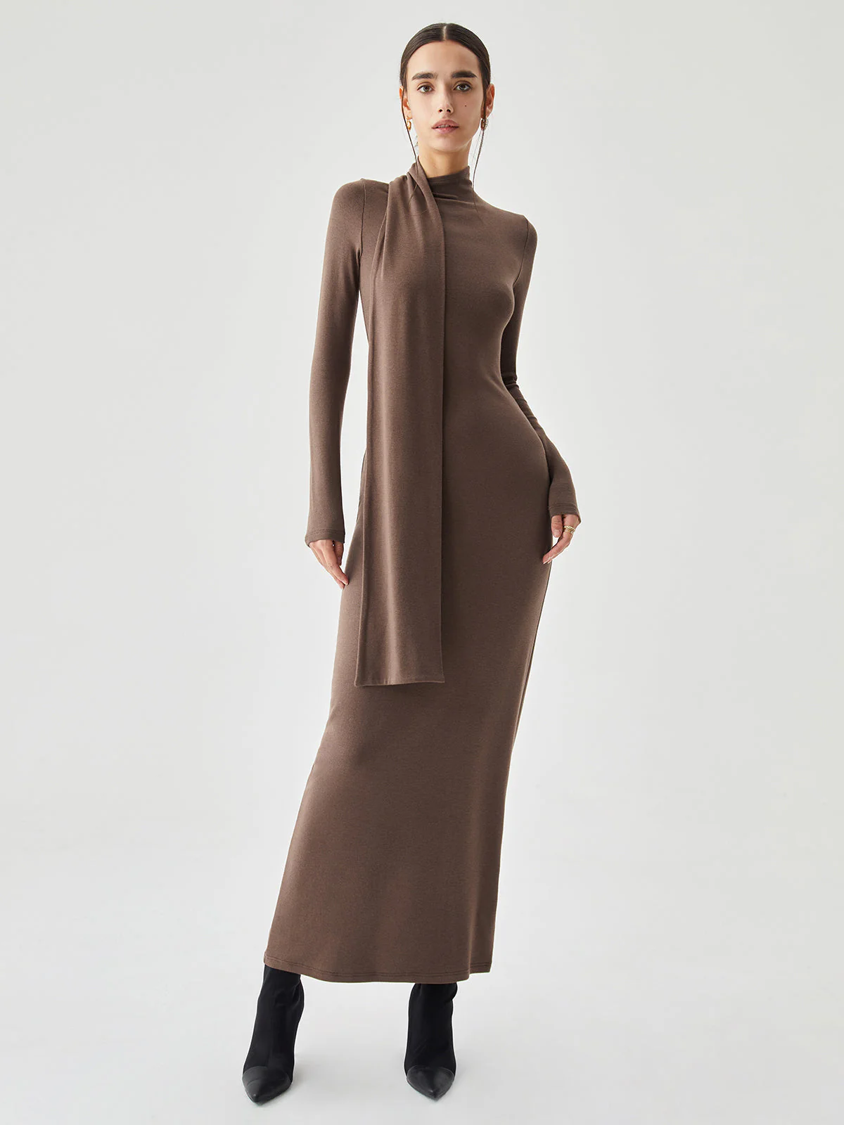 Bodycon High Neck Ribbed Knit Classic Long Dress with Matching Scarf - Image 9
