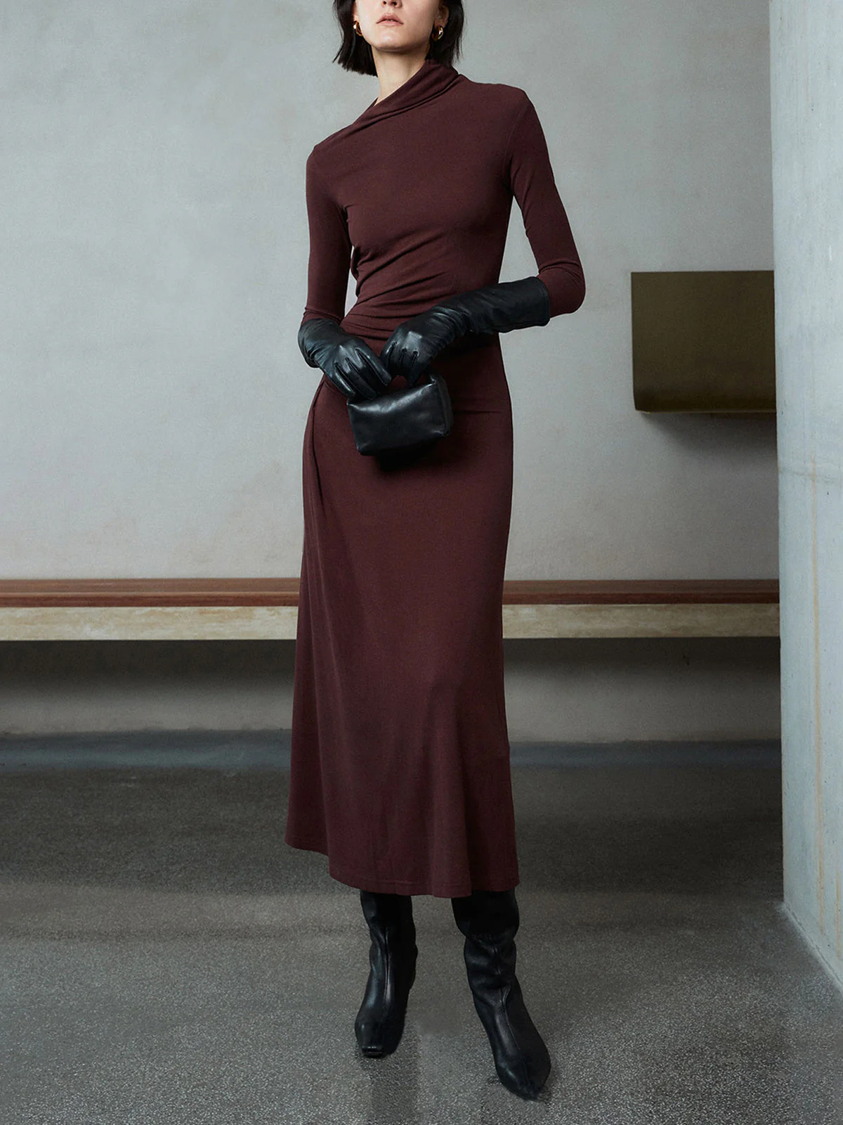 Bodycon Asymmetrical Neck Long Modern Sleeve Ruched Maxi Dress - Image 6