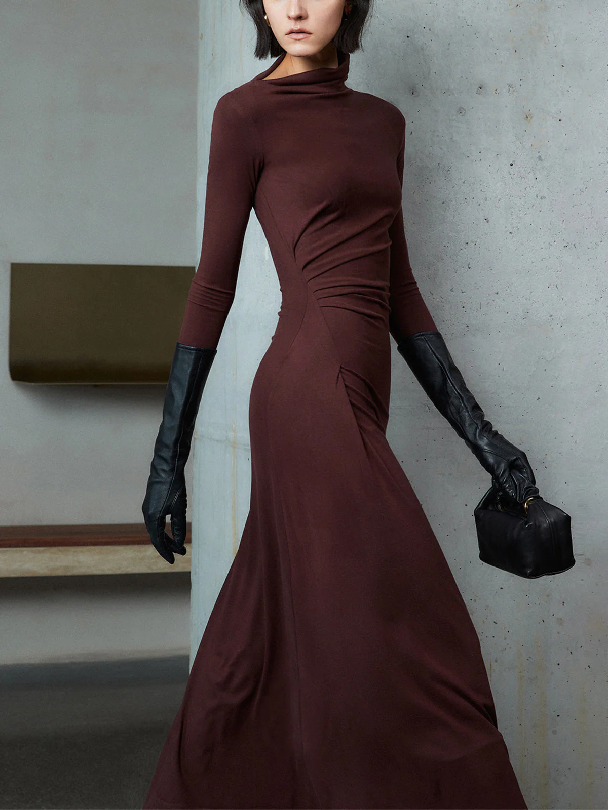 Bodycon Asymmetrical Neck Long Modern Sleeve Ruched Maxi Dress - Image 8