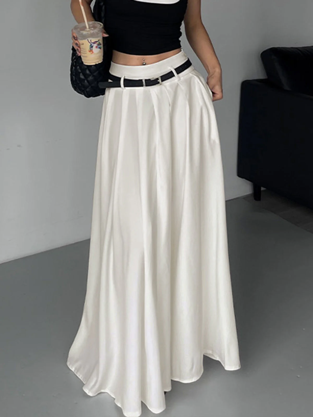 Belted Pleated Graceful Long Skirt - Image 2