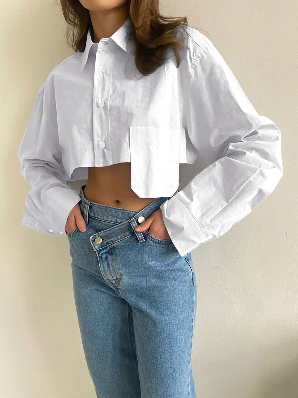 Asymmetrical Pocket Button Trendy Collar Crop Shirt - Image 22