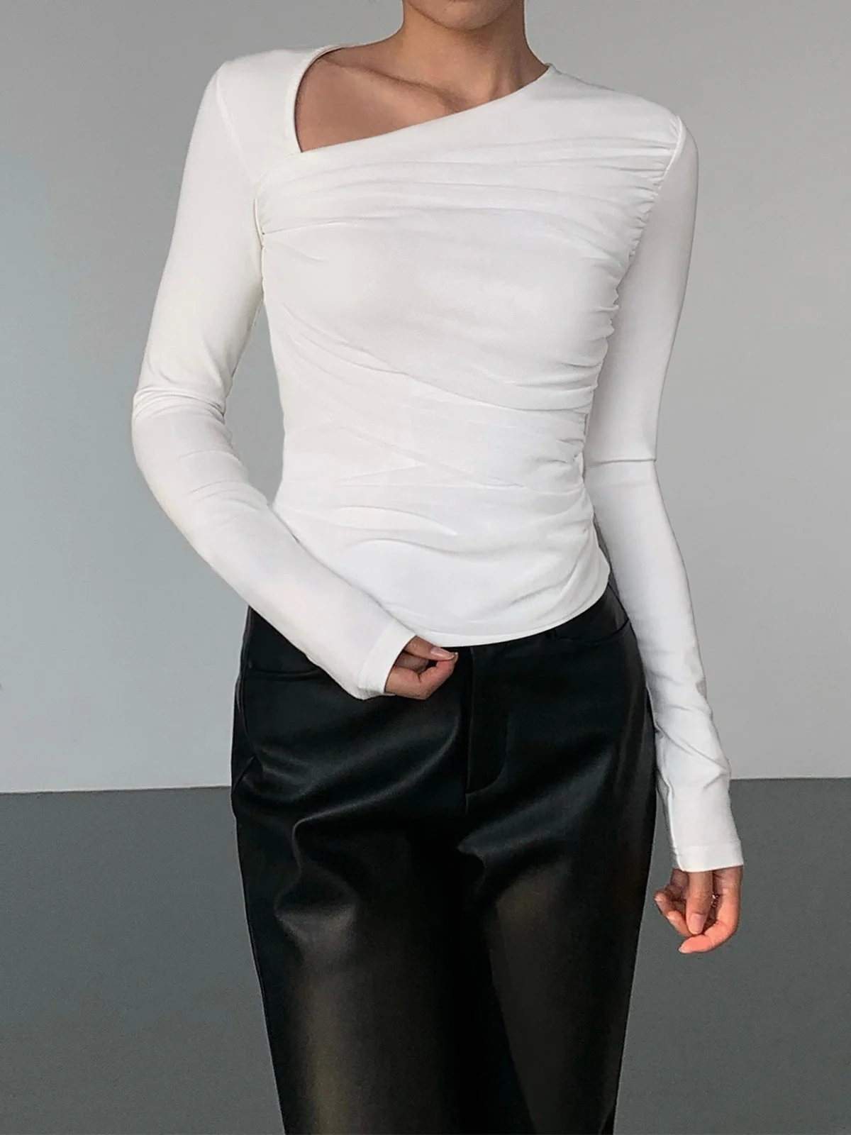 Asymmetrical Patchwork Ribbed Trendy Knit Ruched Mesh Top - Image 11