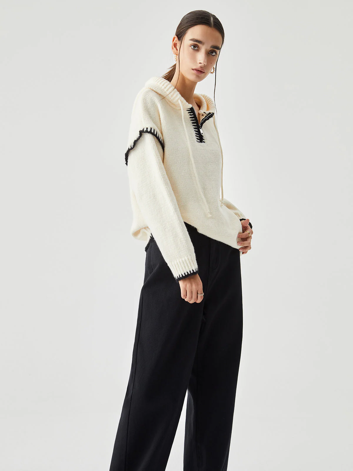 Zippered Hooded Graceful Contrast Trim Sweater - Image 10
