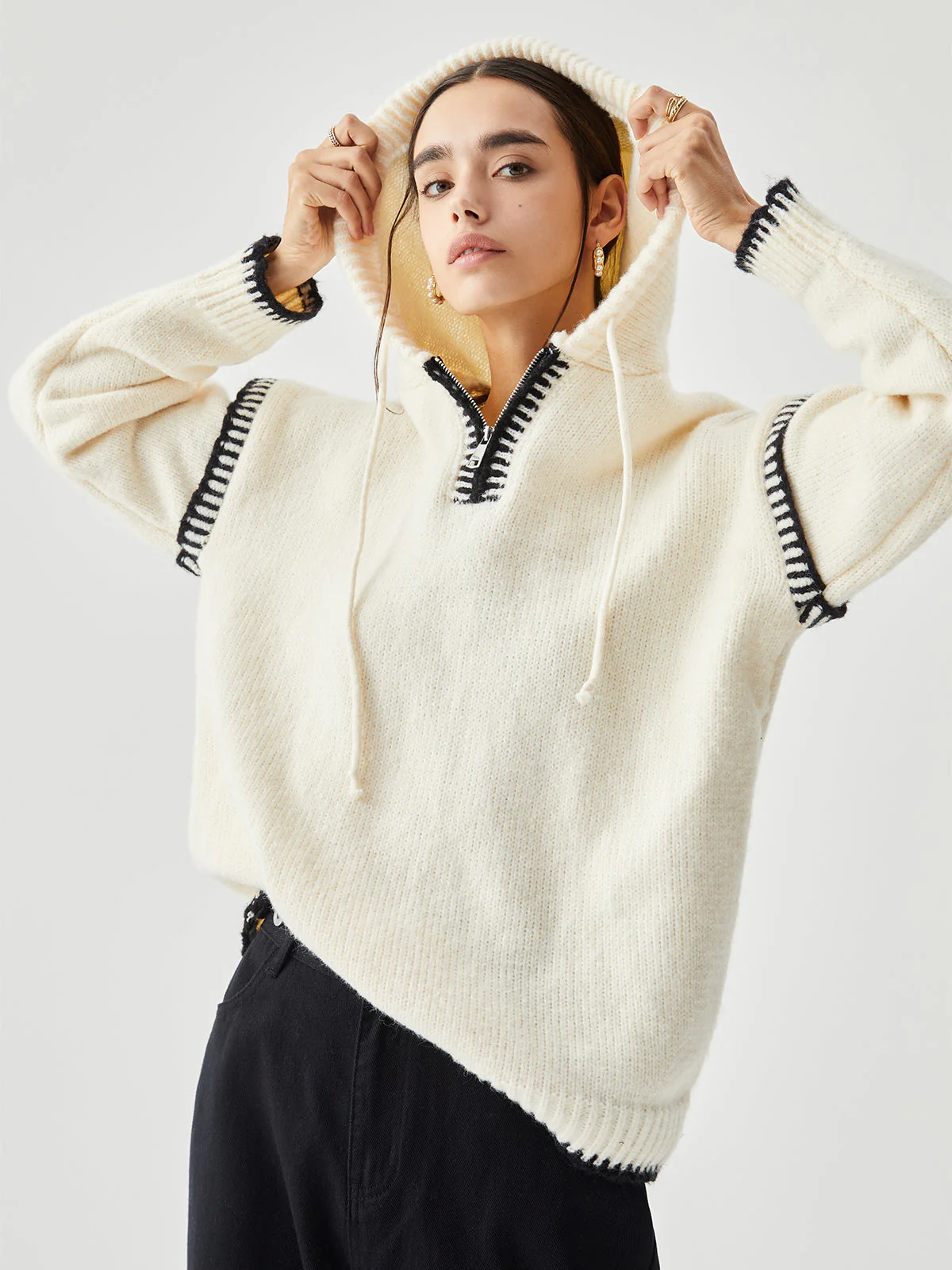 Zippered Hooded Graceful Contrast Trim Sweater - Image 12