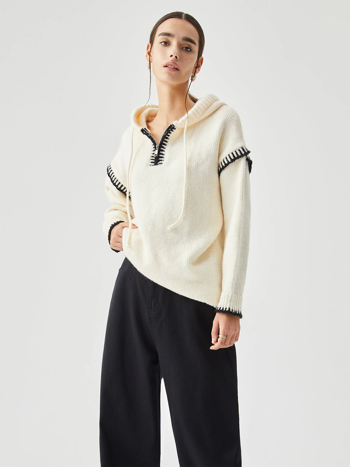 Zippered Hooded Graceful Contrast Trim Sweater - Image 2