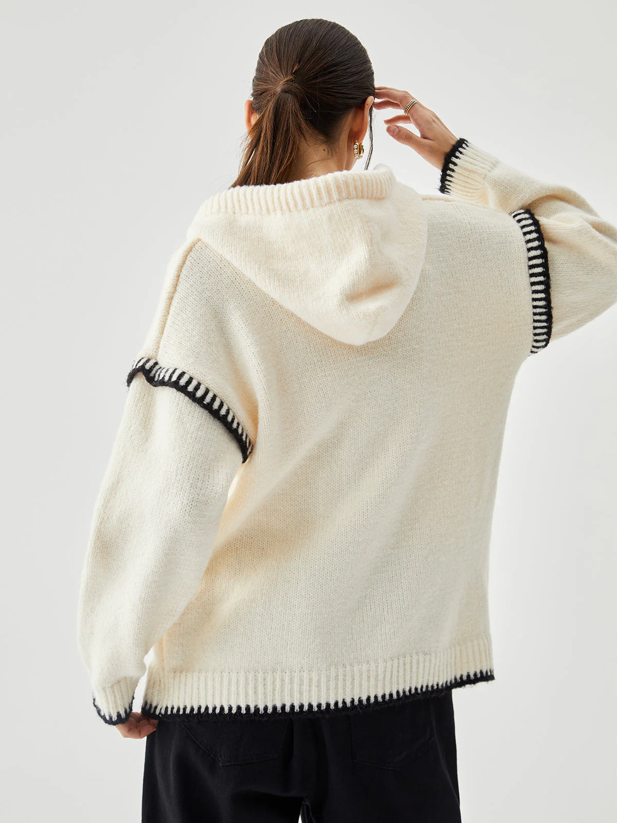 Zippered Hooded Graceful Contrast Trim Sweater - Image 4