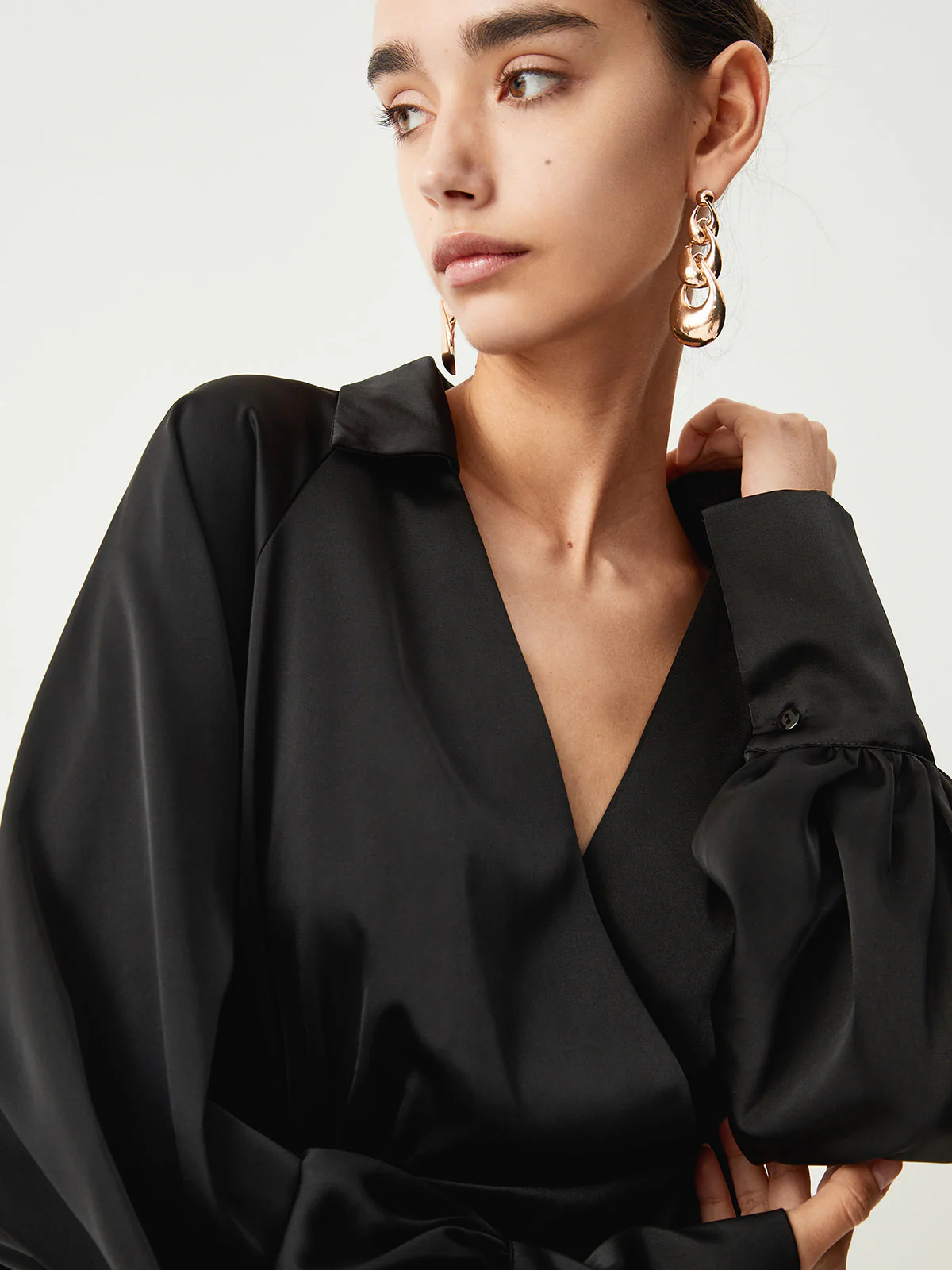 Wrap Open Collar Trendy Satin Long Sleeve Blouse - Image 5