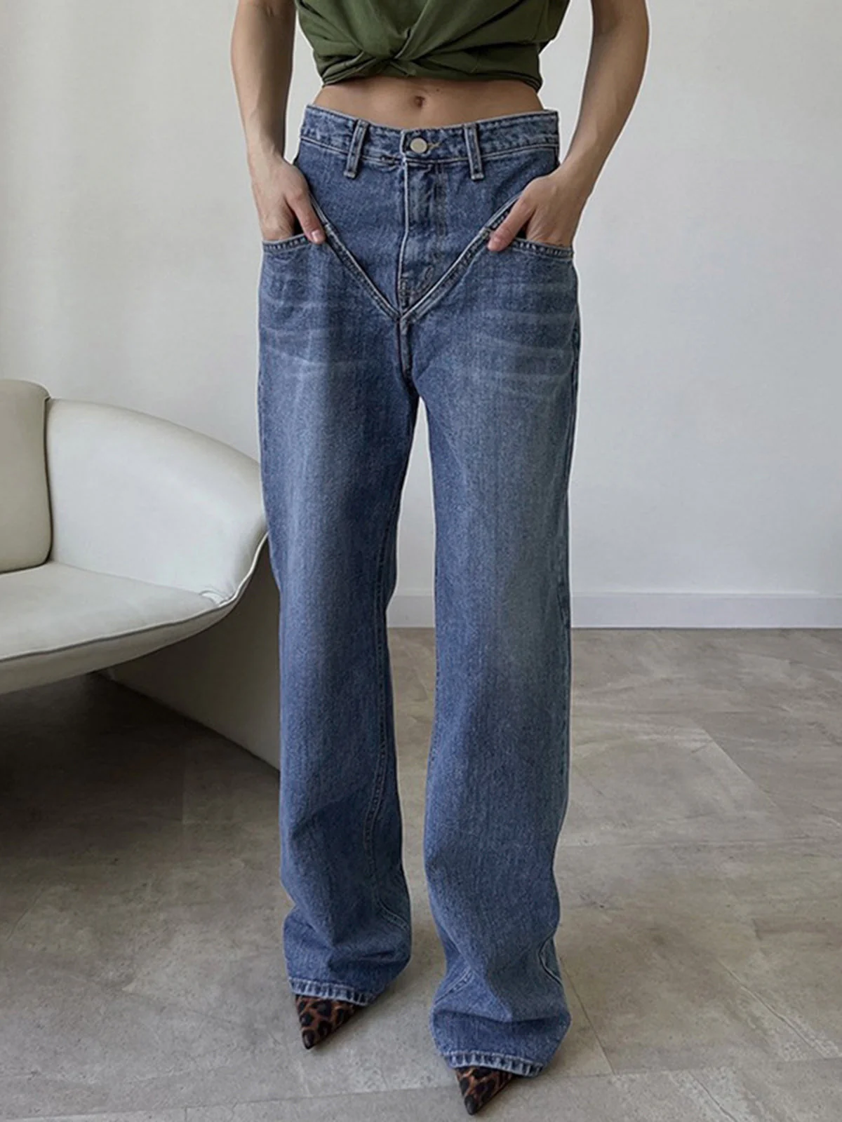 Vintage Wash Denim Trendy Straight Leg Jeans - Image 2