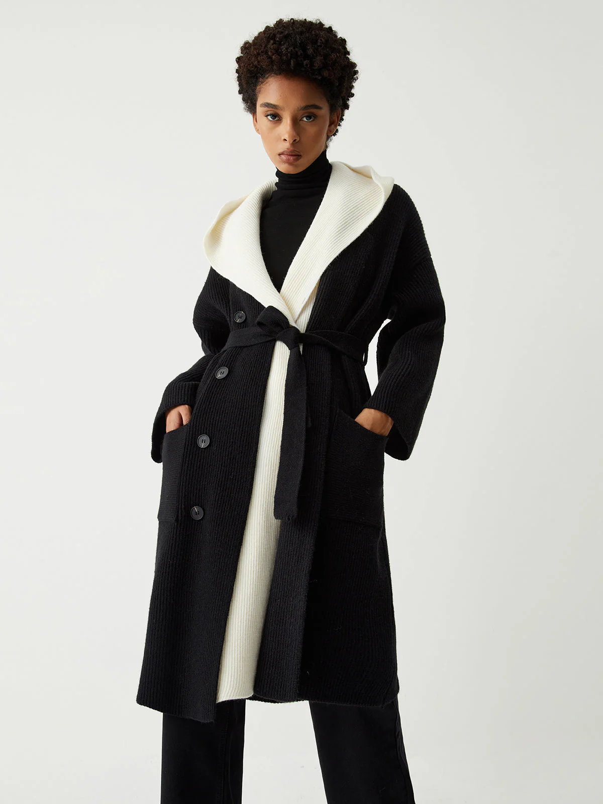 Two Tone Hooded Trendy Belted Longline Cardigan - Image 10