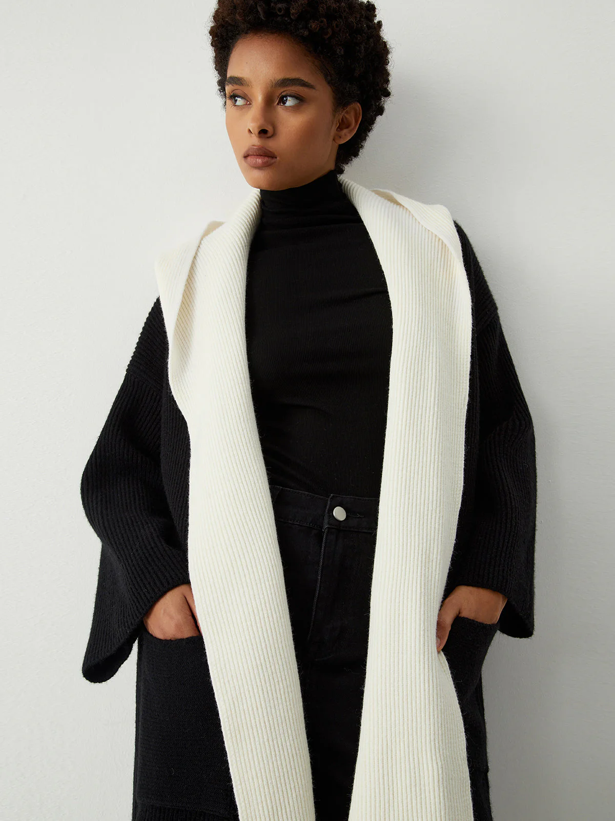 Two Tone Hooded Trendy Belted Longline Cardigan - Image 11