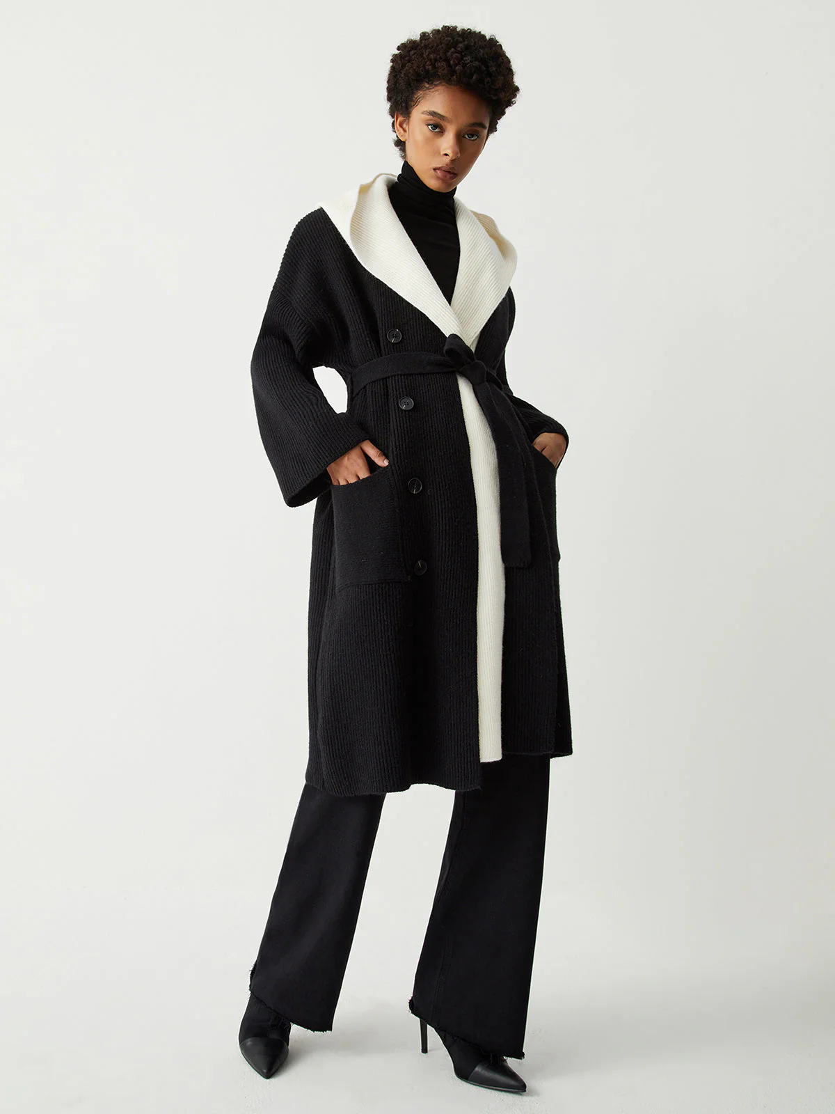 Two Tone Hooded Trendy Belted Longline Cardigan - Image 6