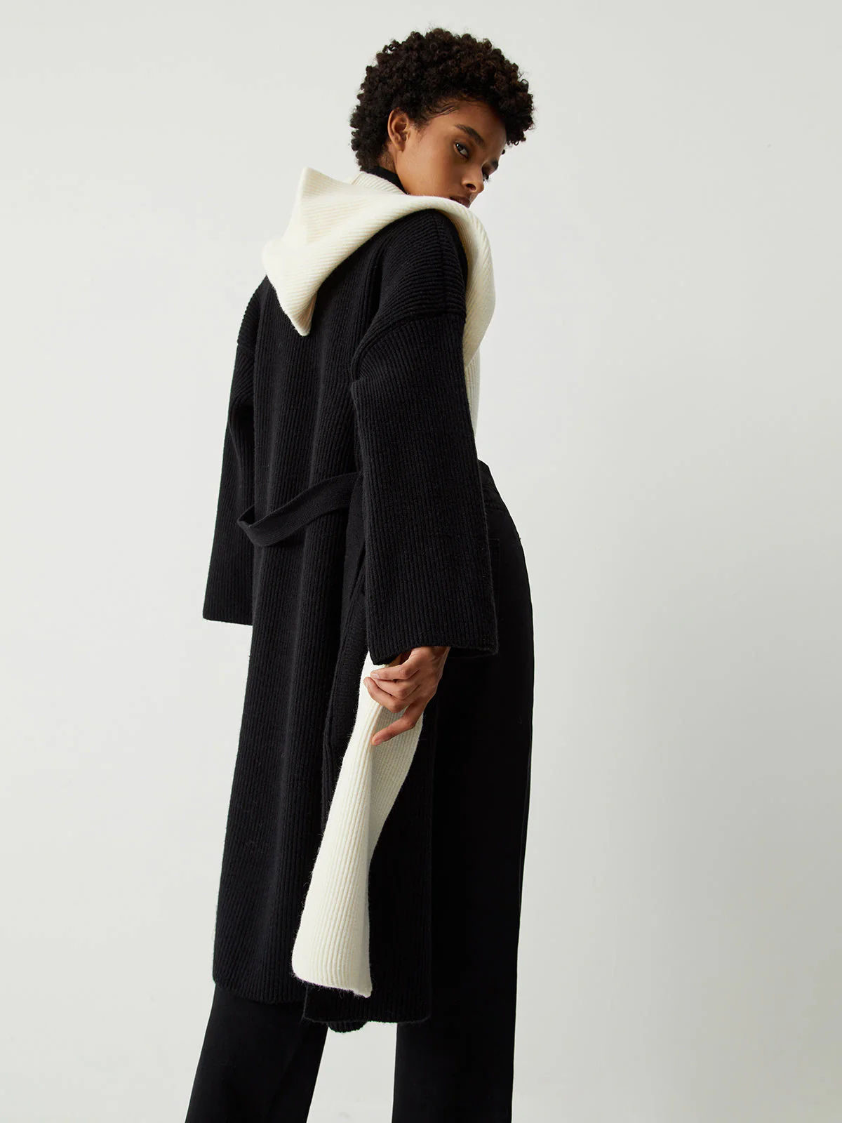 Two Tone Hooded Trendy Belted Longline Cardigan - Image 8
