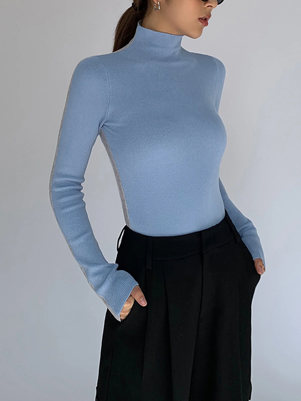 Two Tone Double Sided Modern Long Sleeve Knit Top - Image 13