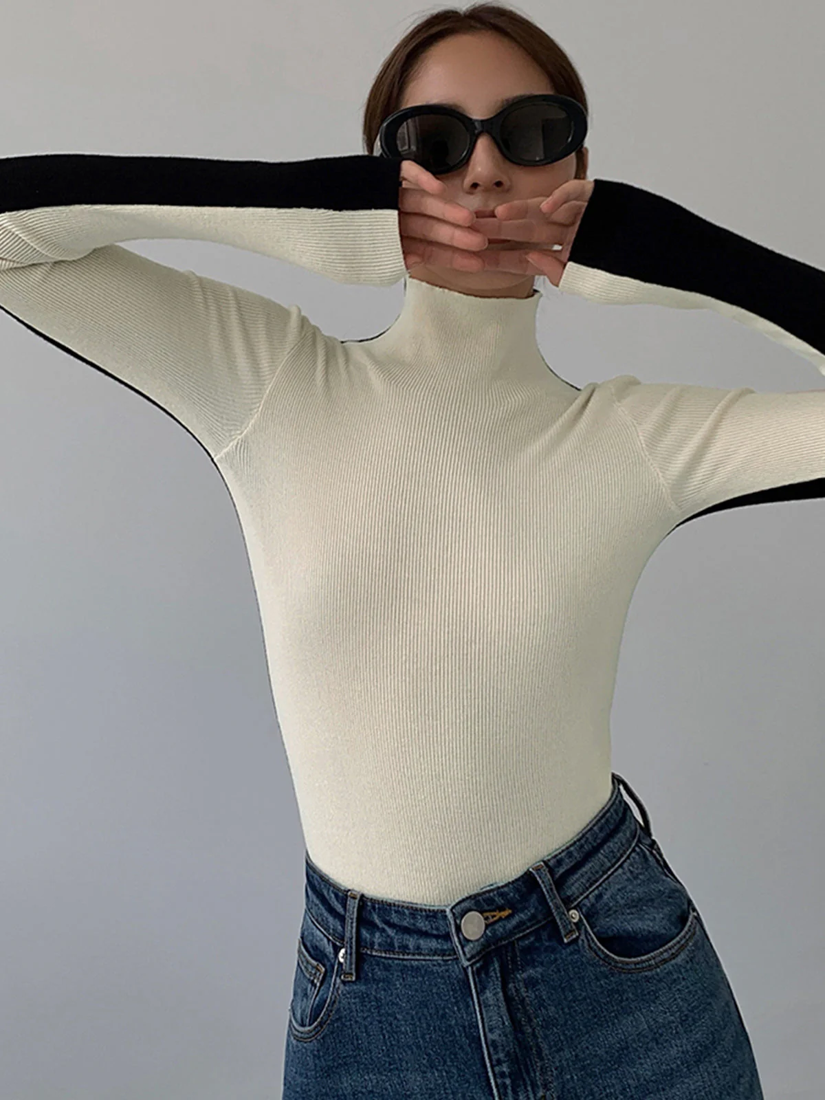 Two Tone Double Sided Modern Long Sleeve Knit Top - Image 4