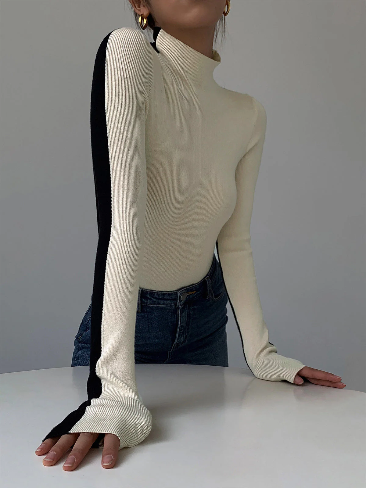 Two Tone Double Sided Modern Long Sleeve Knit Top - Image 56
