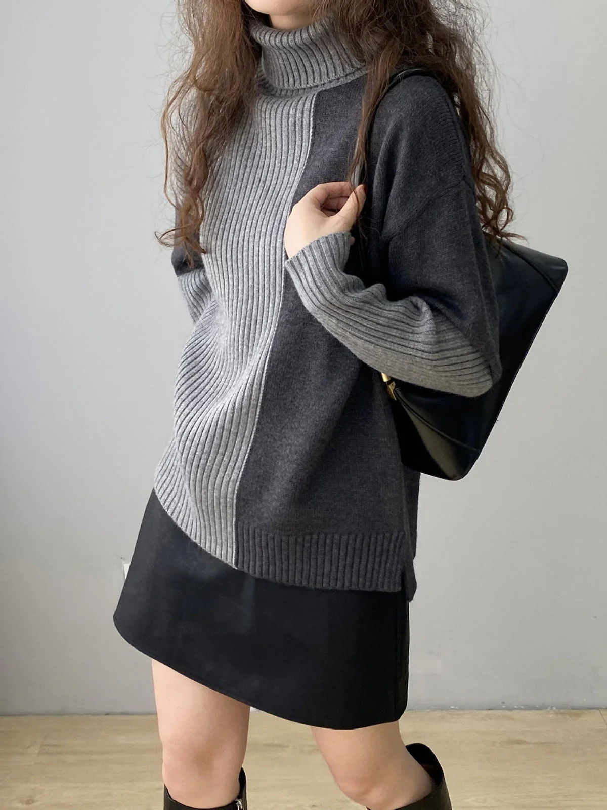 Two Tone Colorblock High Modern Neck Ribbed Knit Sweater - Image 3