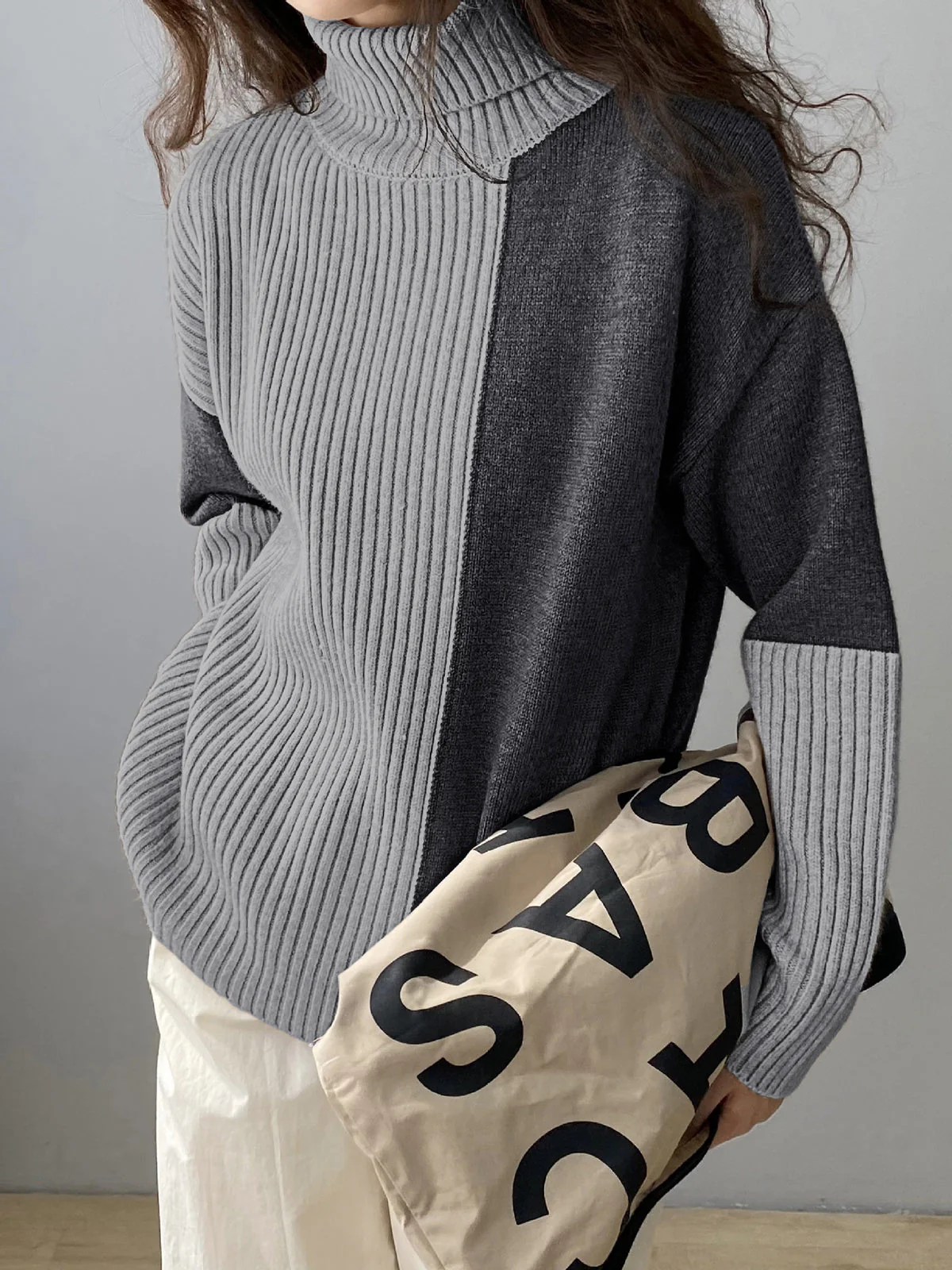 Two Tone Colorblock High Modern Neck Ribbed Knit Sweater - Image 7