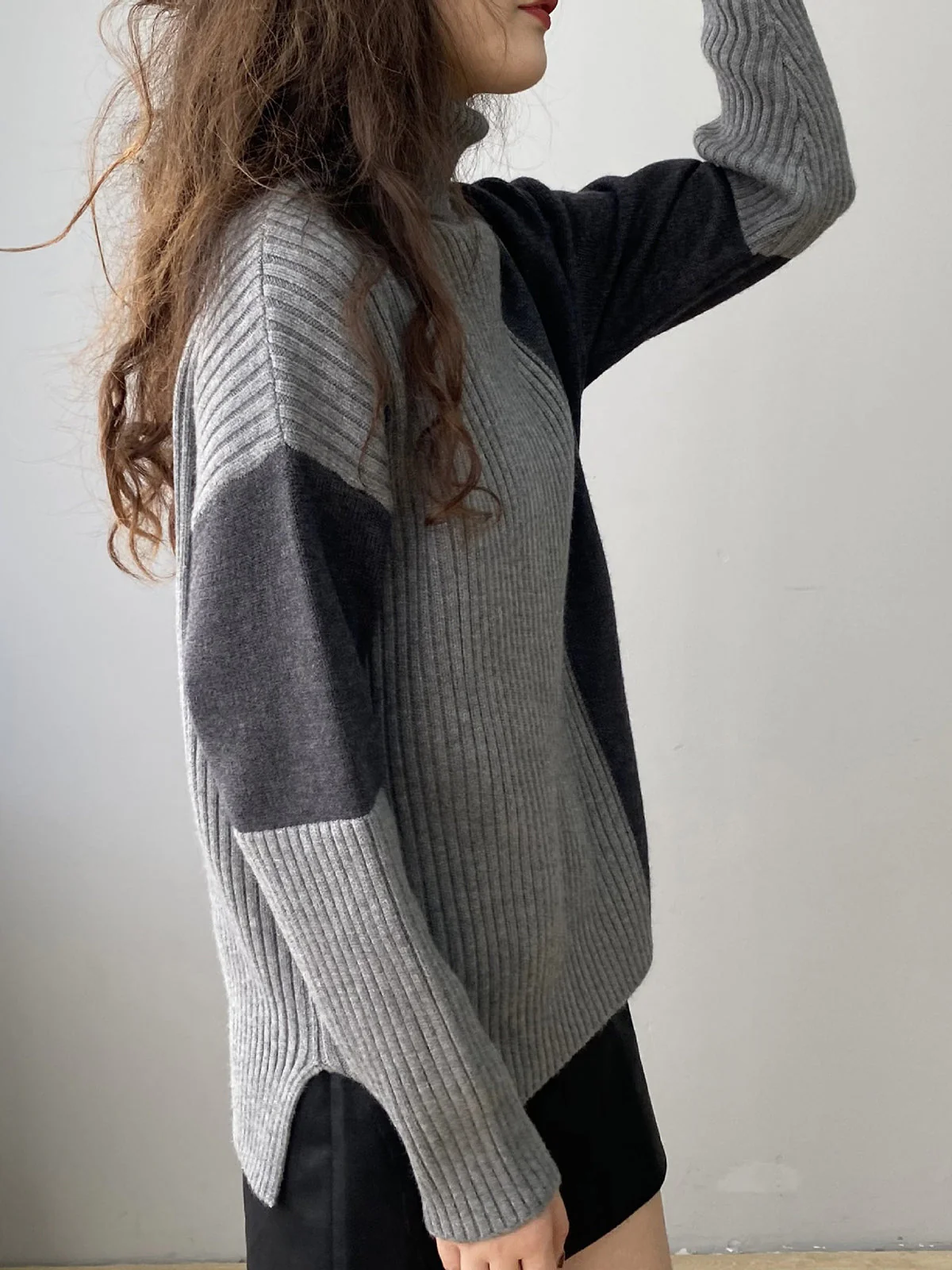 Two Tone Colorblock High Modern Neck Ribbed Knit Sweater - Image 9