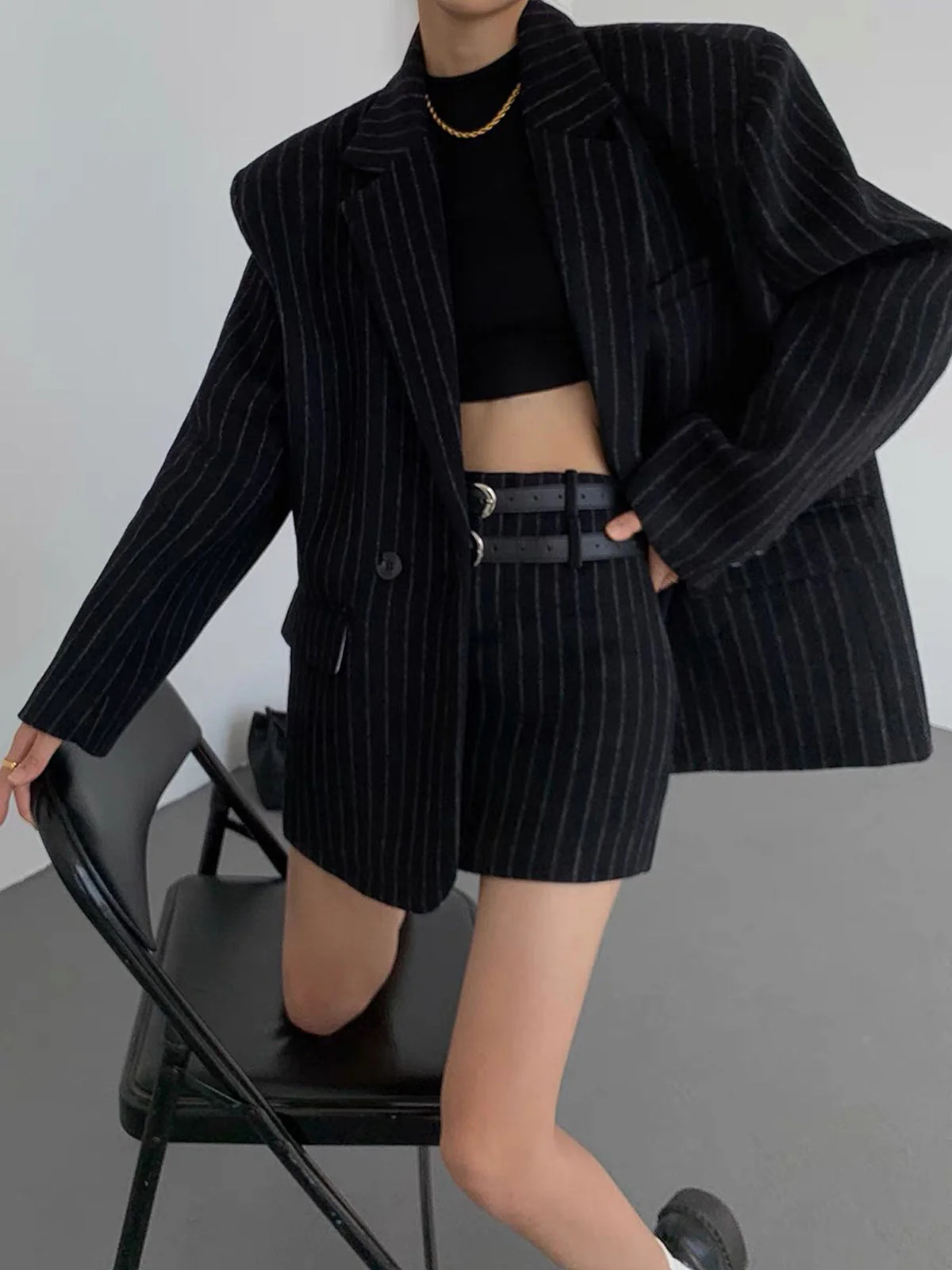 Tweed Pinstripe Graceful Oversized Blazer - Image 19