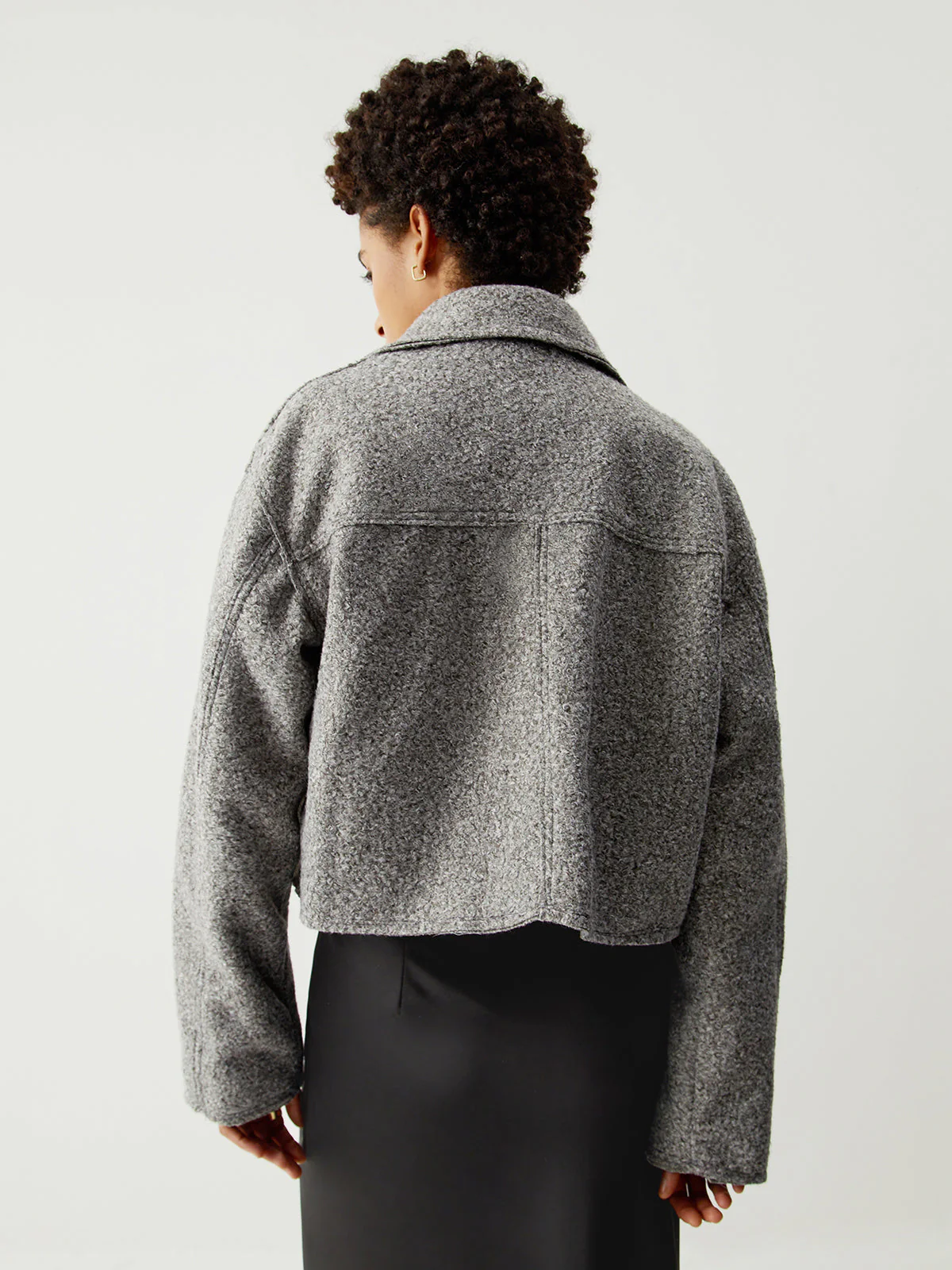 Tweed Open Collar Trendy Zip Up Crop Jacket - Image 5