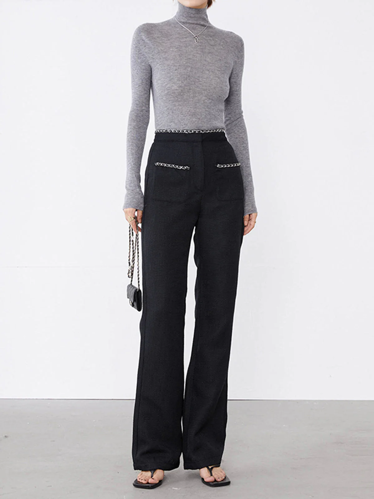 Tweed Contrast Trim Trendy Pocket Straight Leg Pants - Image 3