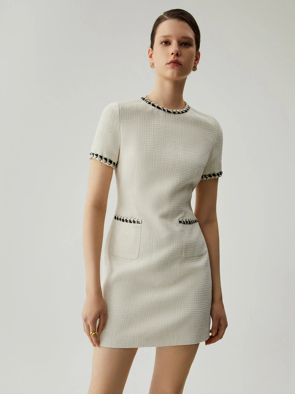 Tweed Contrast Trim Trendy Pocket Mini Dress - Image 10