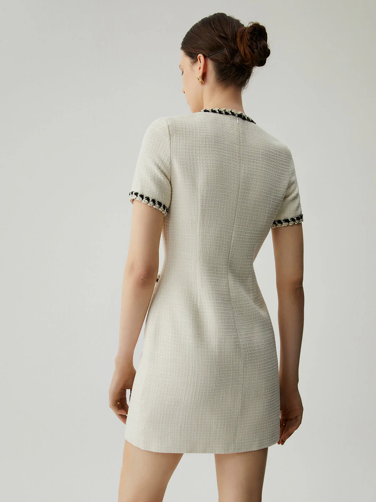 Tweed Contrast Trim Trendy Pocket Mini Dress - Image 6