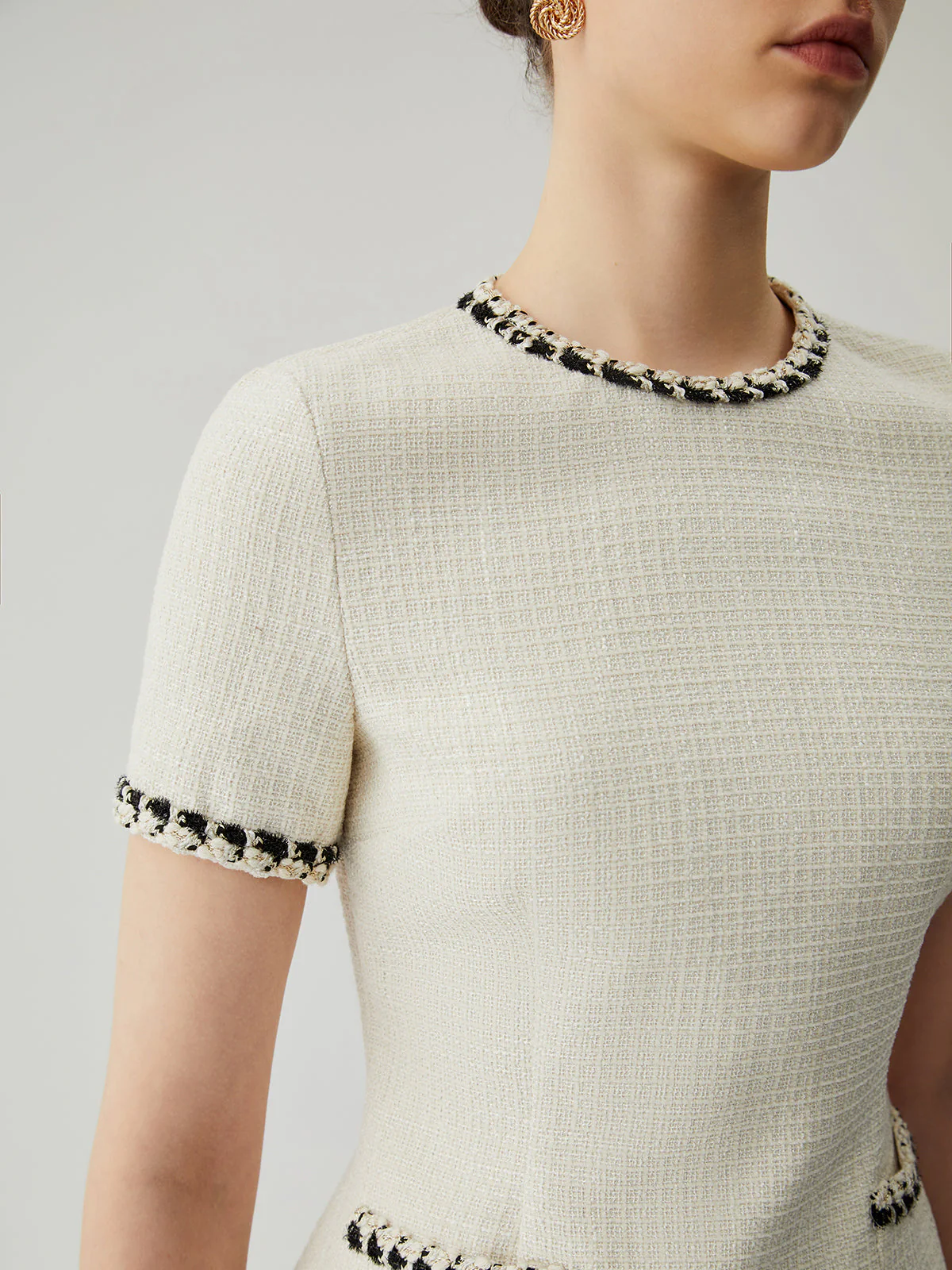 Tweed Contrast Trim Trendy Pocket Mini Dress - Image 8