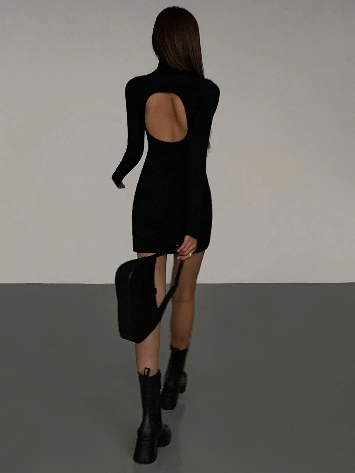 Turtleneck Open Back Trendy Long Sleeve Short Dress - Image 12