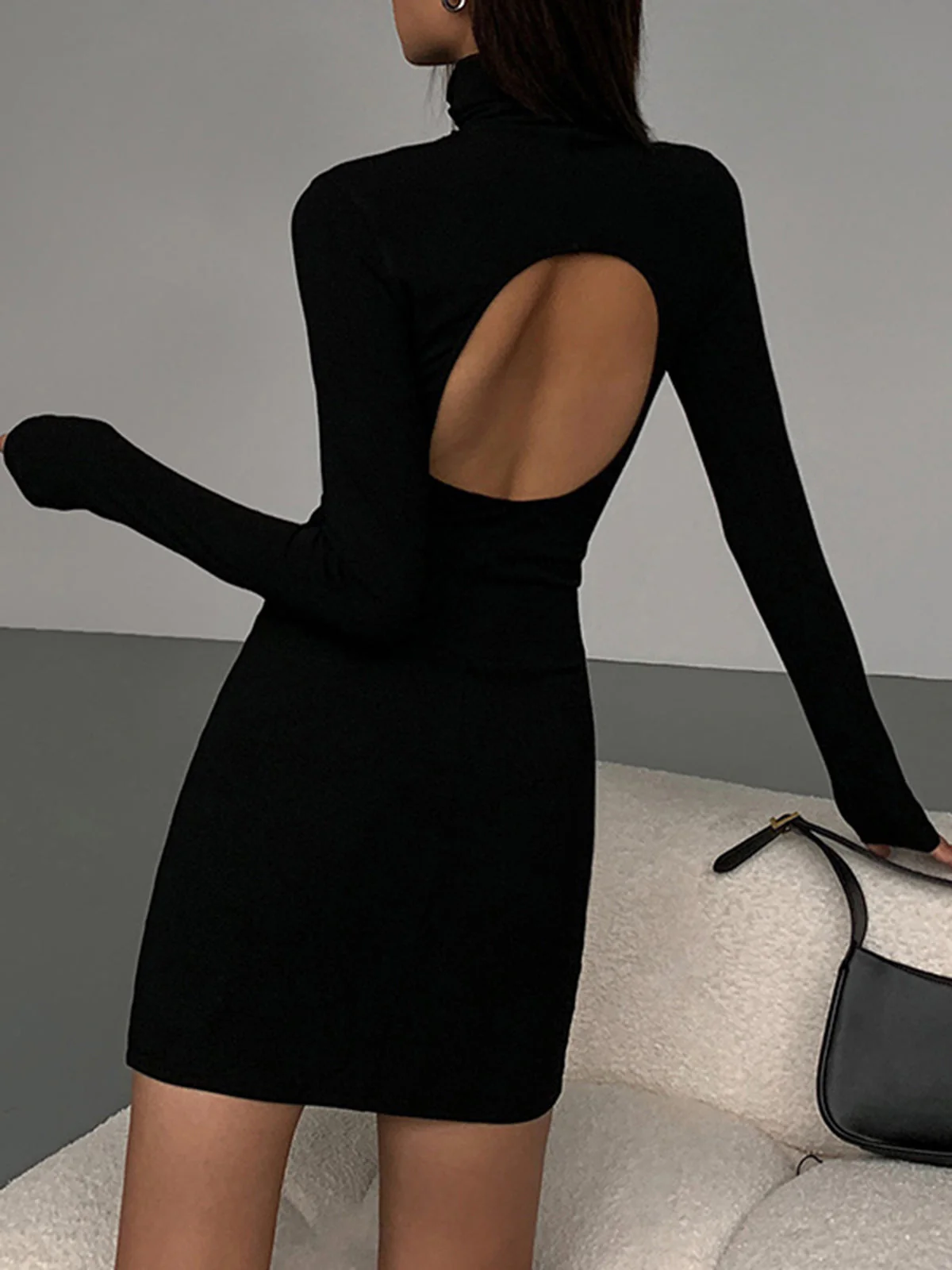 Turtleneck Open Back Trendy Long Sleeve Short Dress - Image 13
