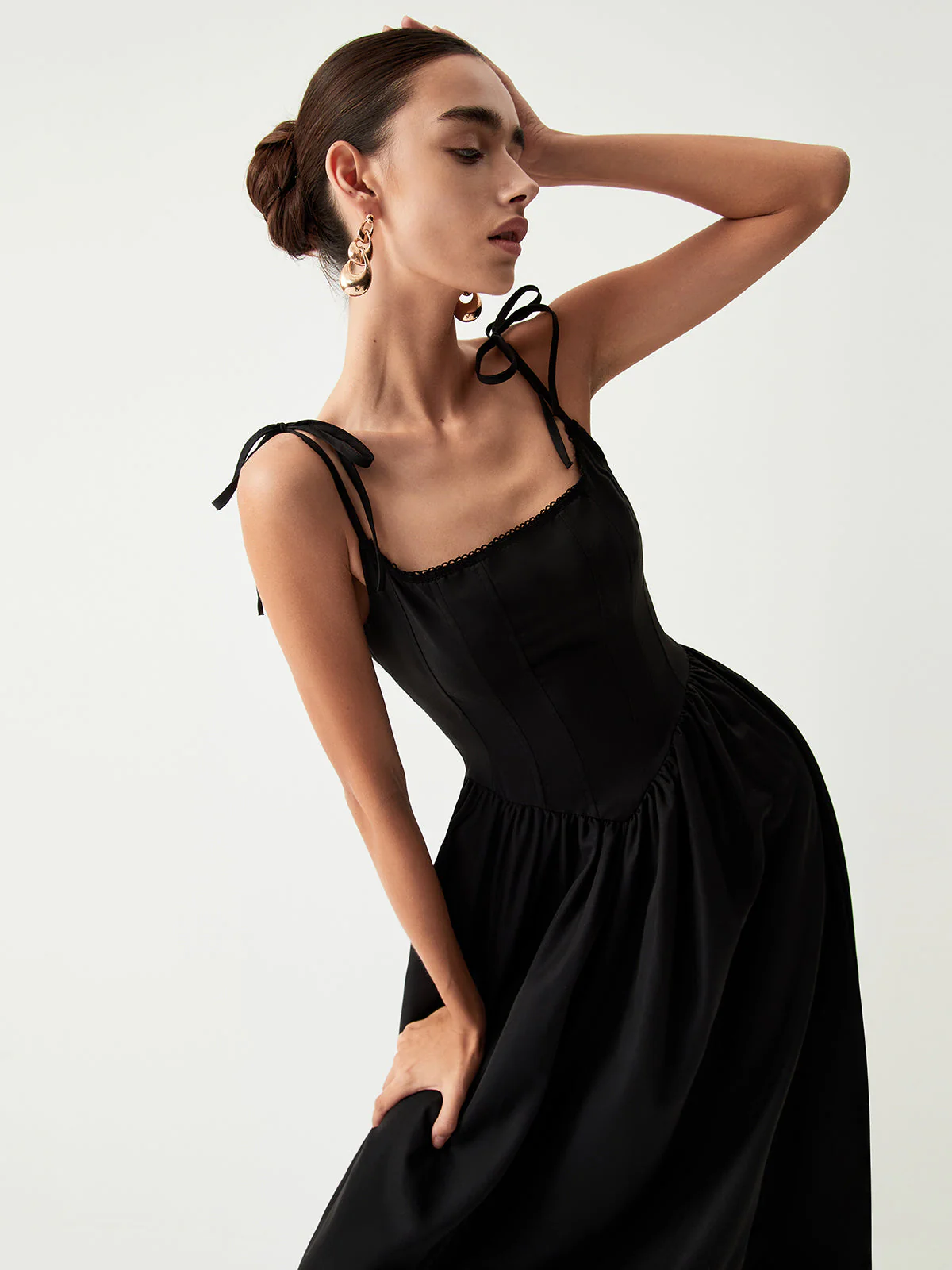 Tie Shoulder Graceful Pleated Midi Dress - Image 7