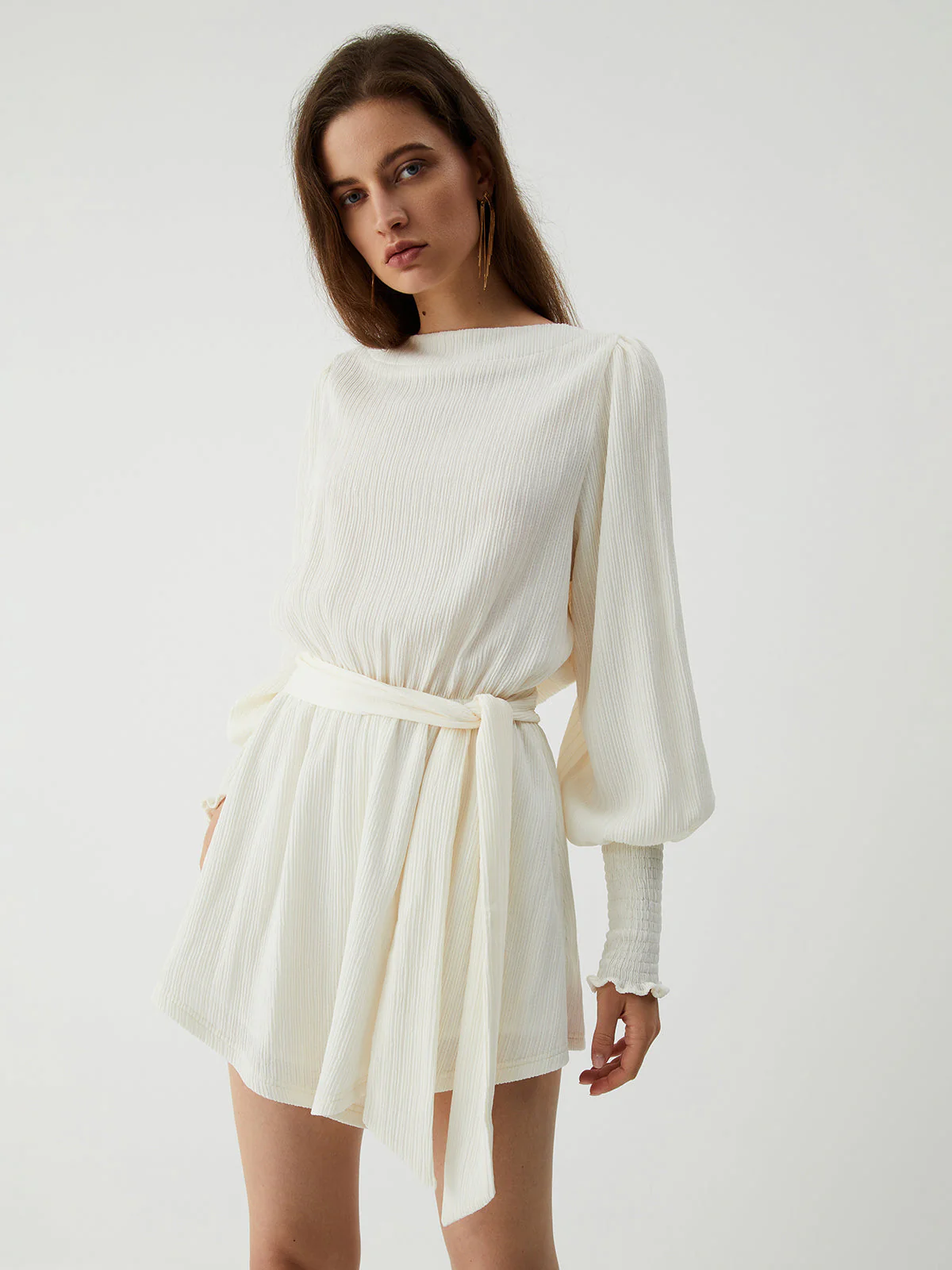 Tie Front Cowl Back Modern Long Sleeve Short Dress - Image 18