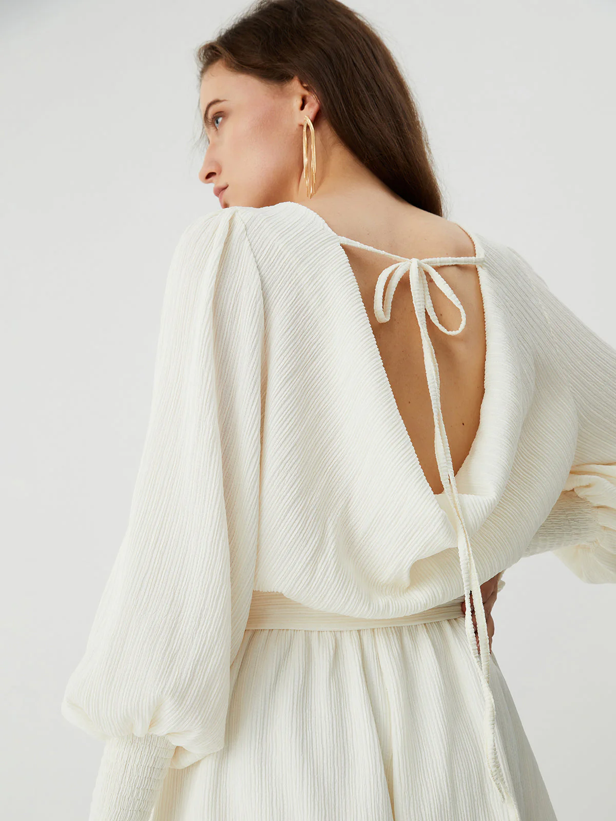 Tie Front Cowl Back Modern Long Sleeve Short Dress - Image 2