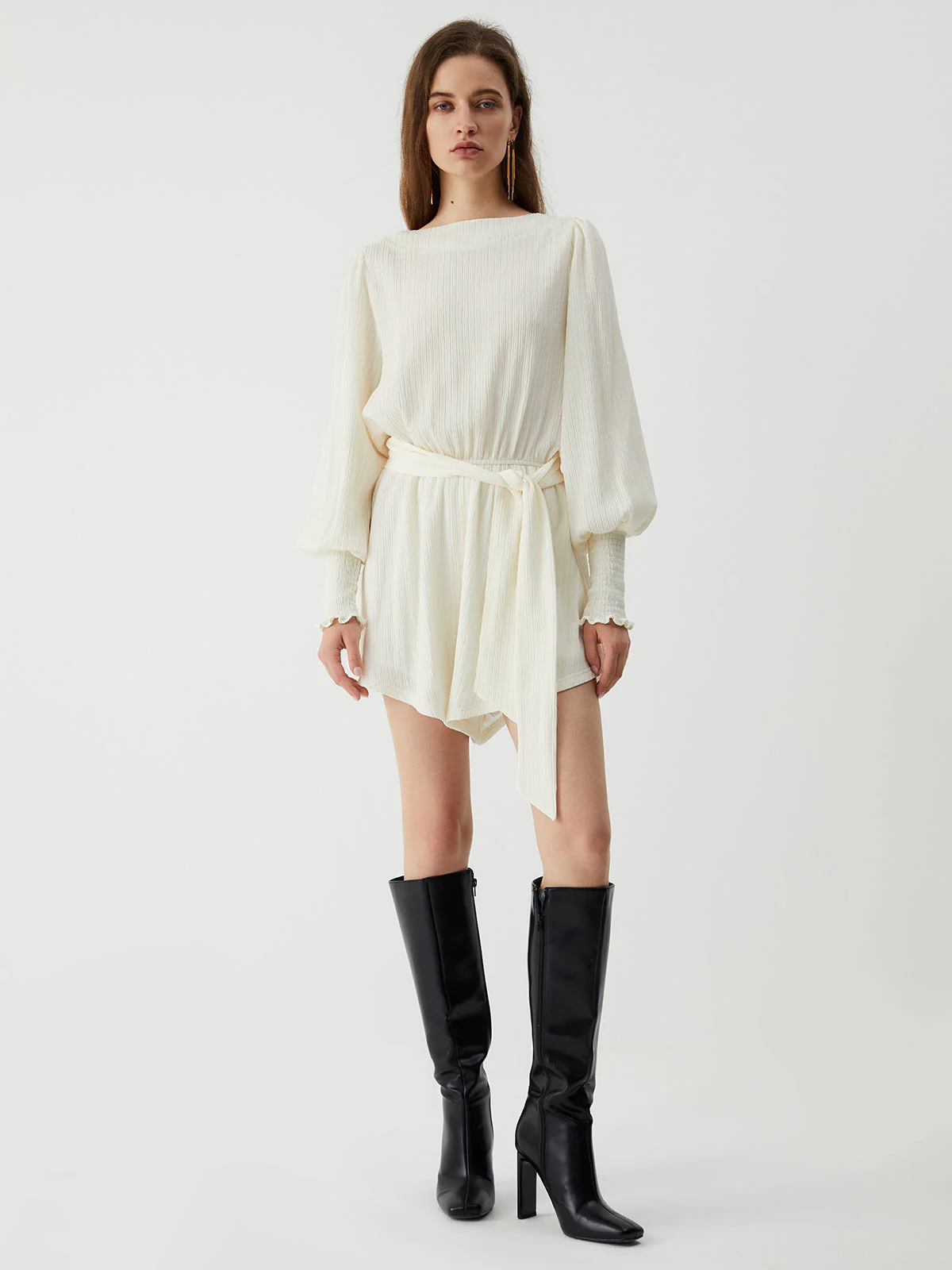 Tie Front Cowl Back Modern Long Sleeve Short Dress - Image 3