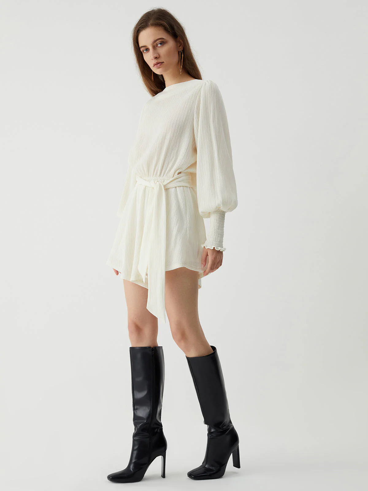 Tie Front Cowl Back Modern Long Sleeve Short Dress - Image 4