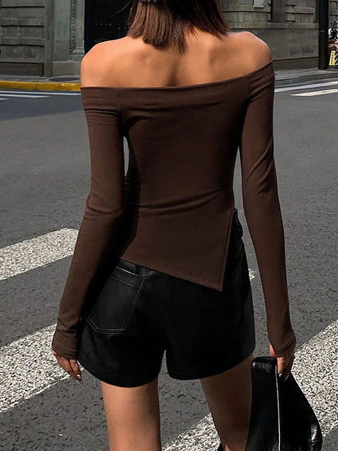 Terracotta Off Shoulder Trendy Long Sleeve Shirt - Image 4