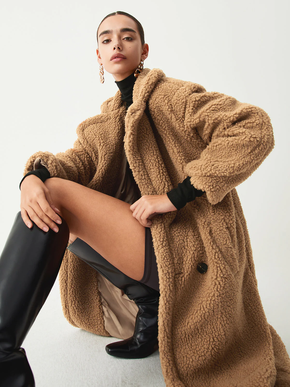 Terracotta Double Pockets Trendy Flurry Longline Fleece Jacket - Image 18