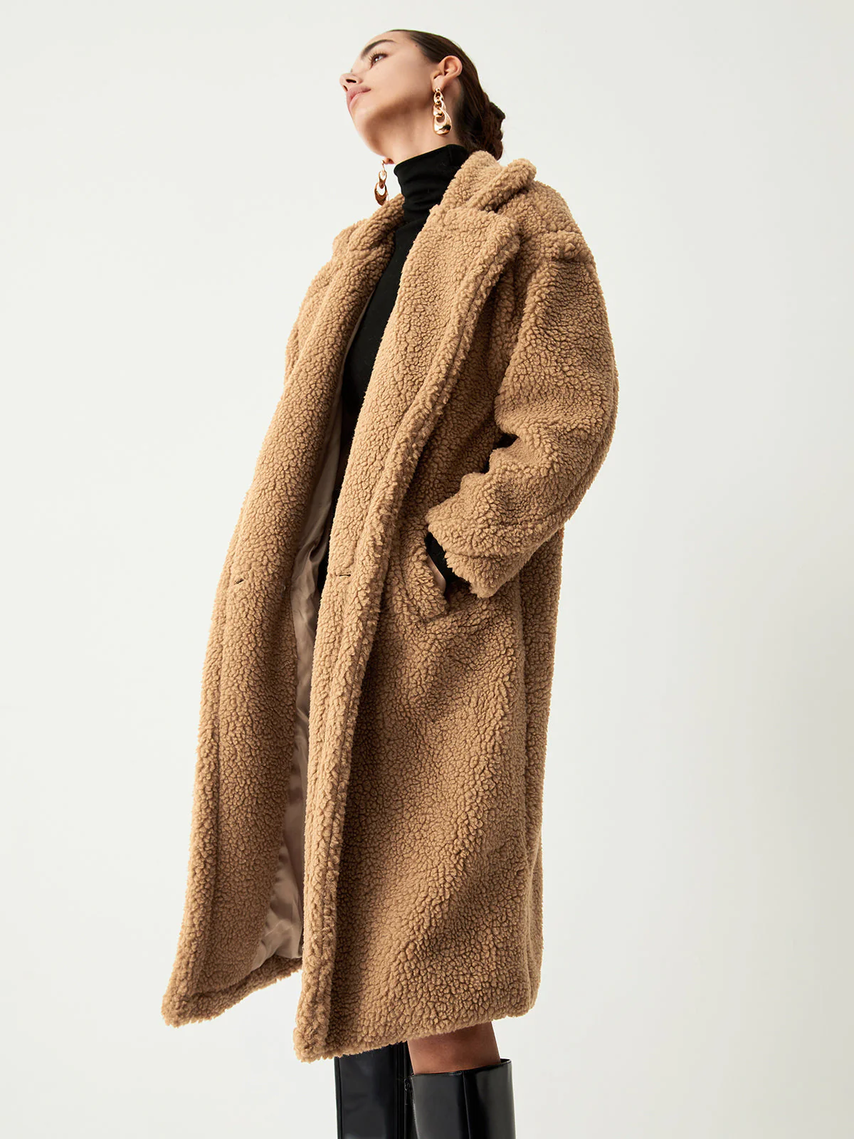 Terracotta Double Pockets Trendy Flurry Longline Fleece Jacket - Image 7