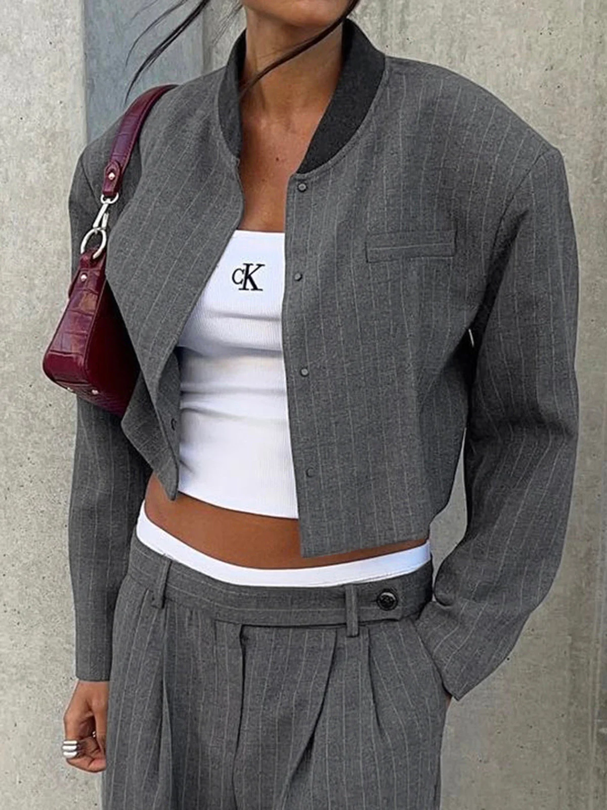 Tailored Pinstripe Graceful Patchwork Collar Jacket - Image 15