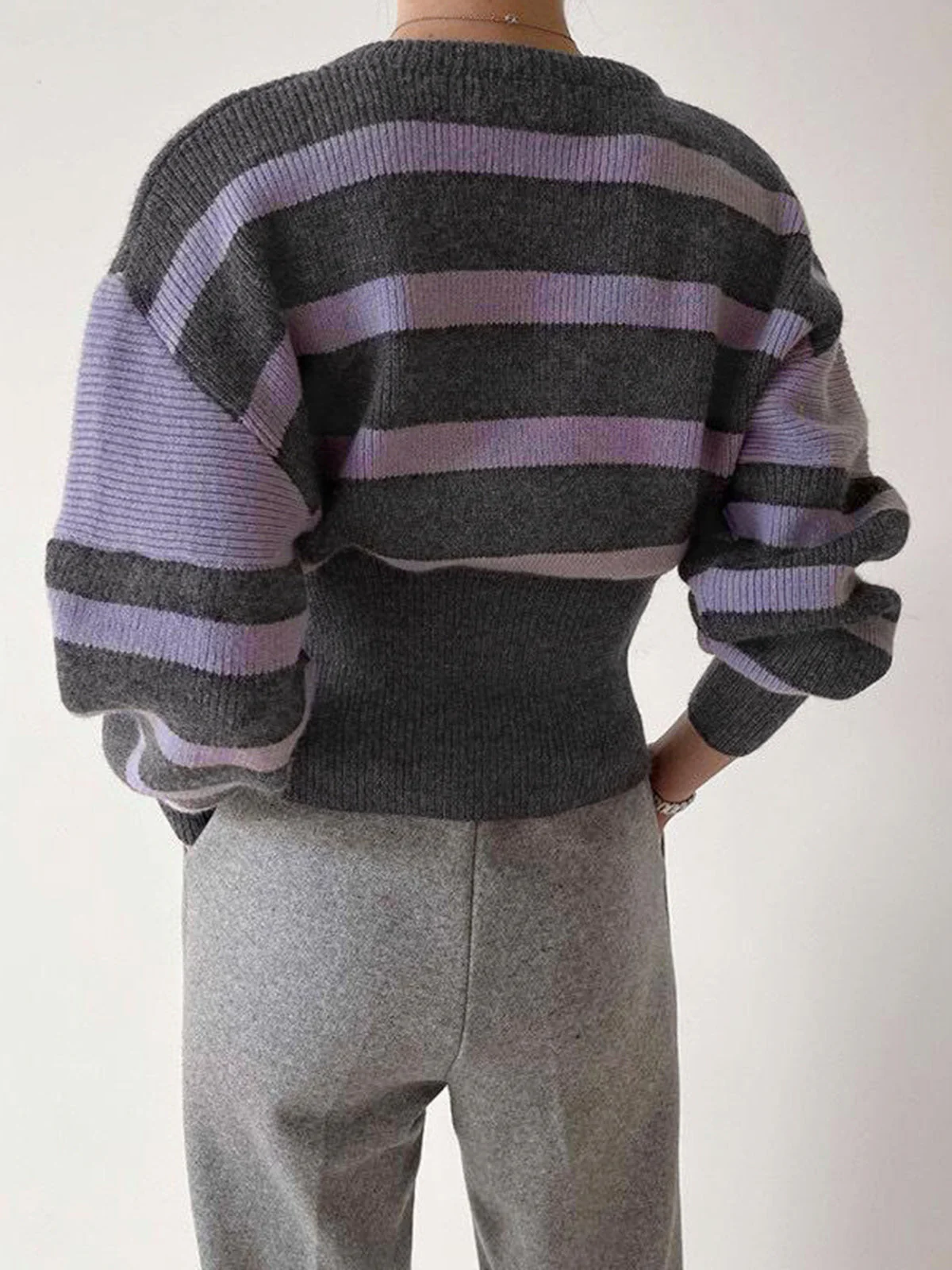 Stripe Asymmetric Graceful Notched Crop Sweater - Image 11